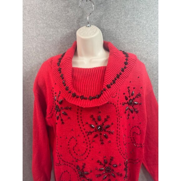 Red Beaded Snowflake Embellished Tunic Sweater Holiday Party - Picture 3 of 13
